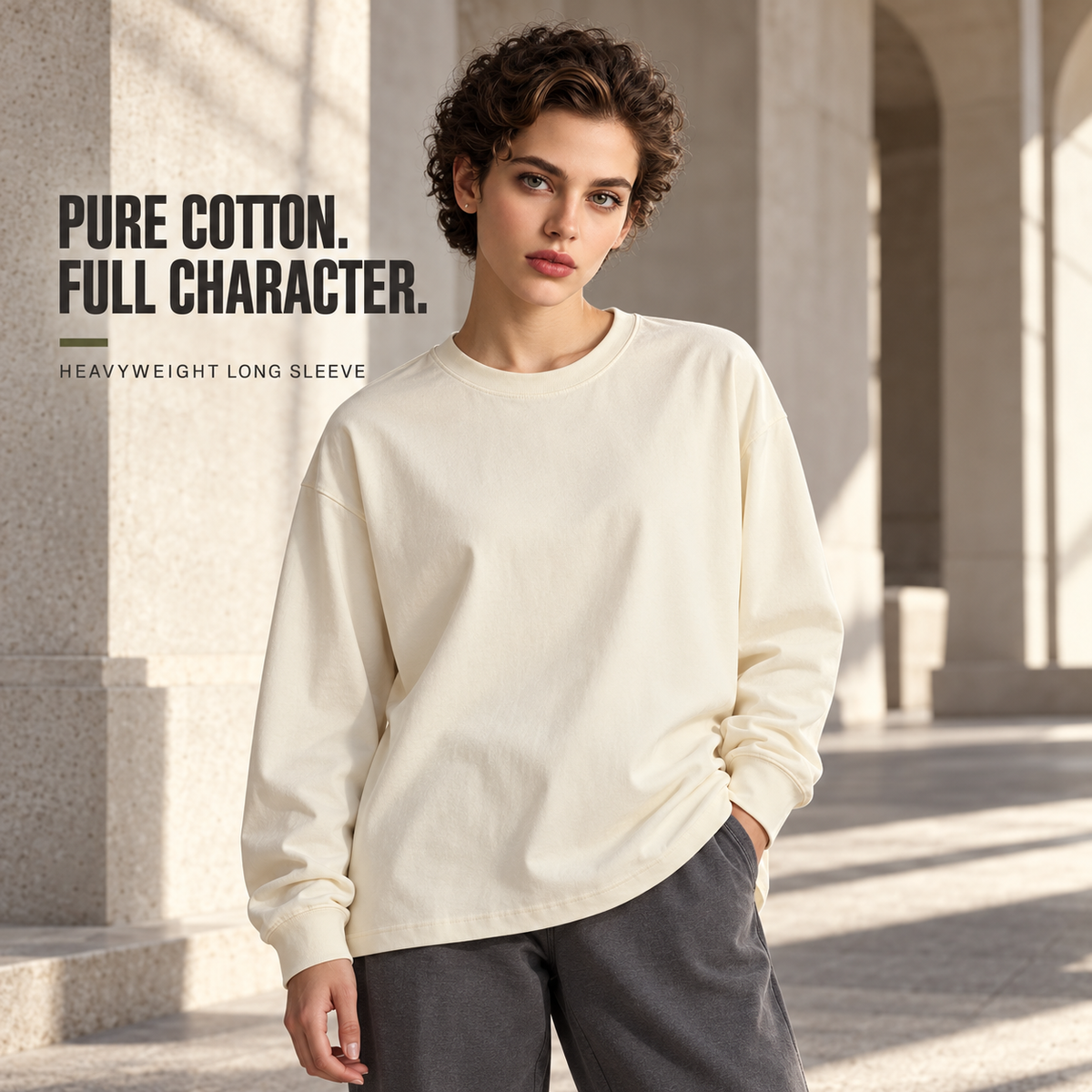 A6810 Milk Tea oversized heavy cotton long sleeve t-shirt, alternate styling view