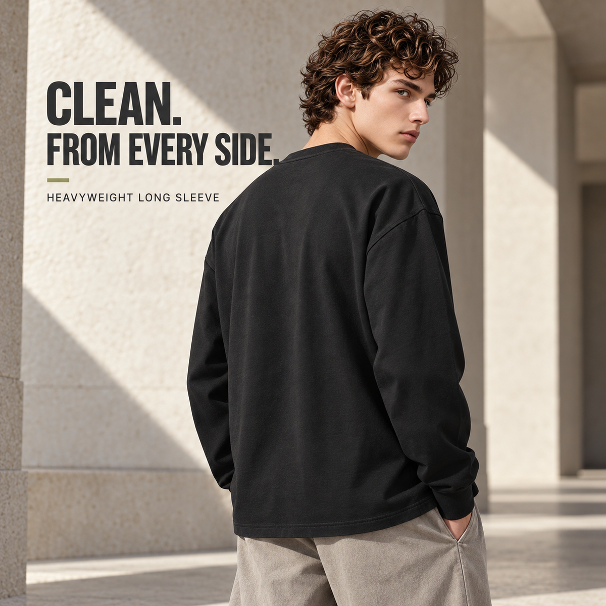 A6810 Black oversized heavy cotton long sleeve t-shirt, rear or three-quarter styling view