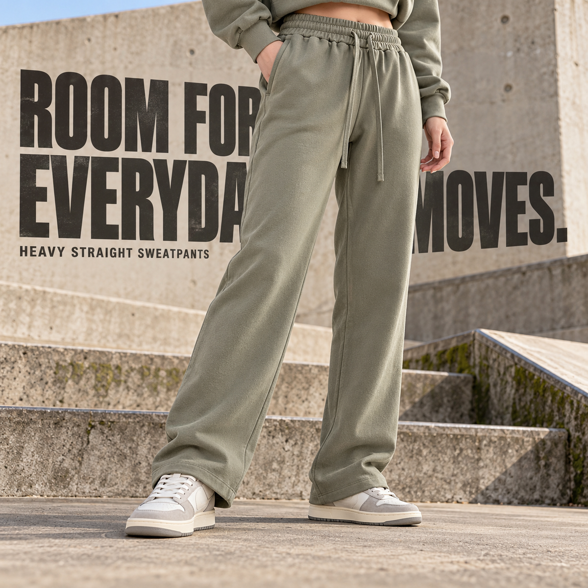 A6822 Grey Green heavy terry straight-leg sweatpants, alternate styling view