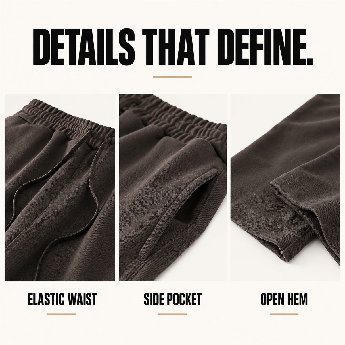 A6822 heavy terry straight-leg sweatpants, close-up construction details