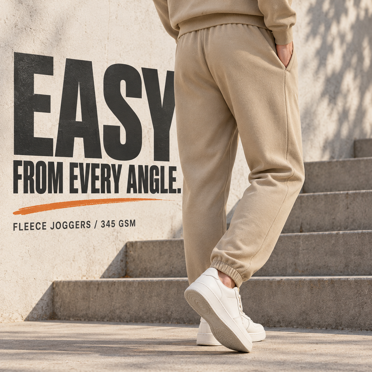 A7022 Black relaxed fleece elastic-cuff joggers, rear or three-quarter styling view