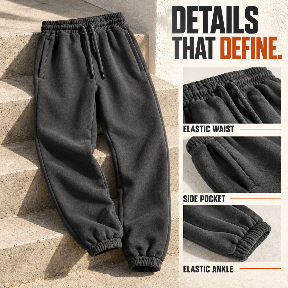 A7022 relaxed fleece elastic-cuff joggers, close-up construction details