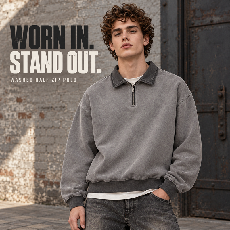 Reverse-Washed Cotton Half-Zip Polo Sweatshirt