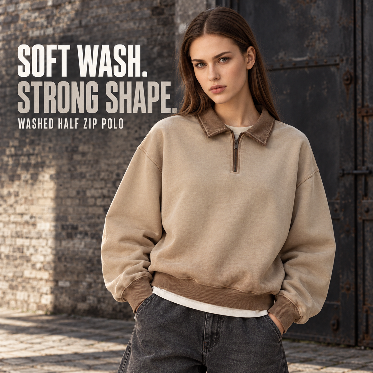 A70262 Khaki Apricot reverse-washed cotton half-zip polo sweatshirt, alternate styling view