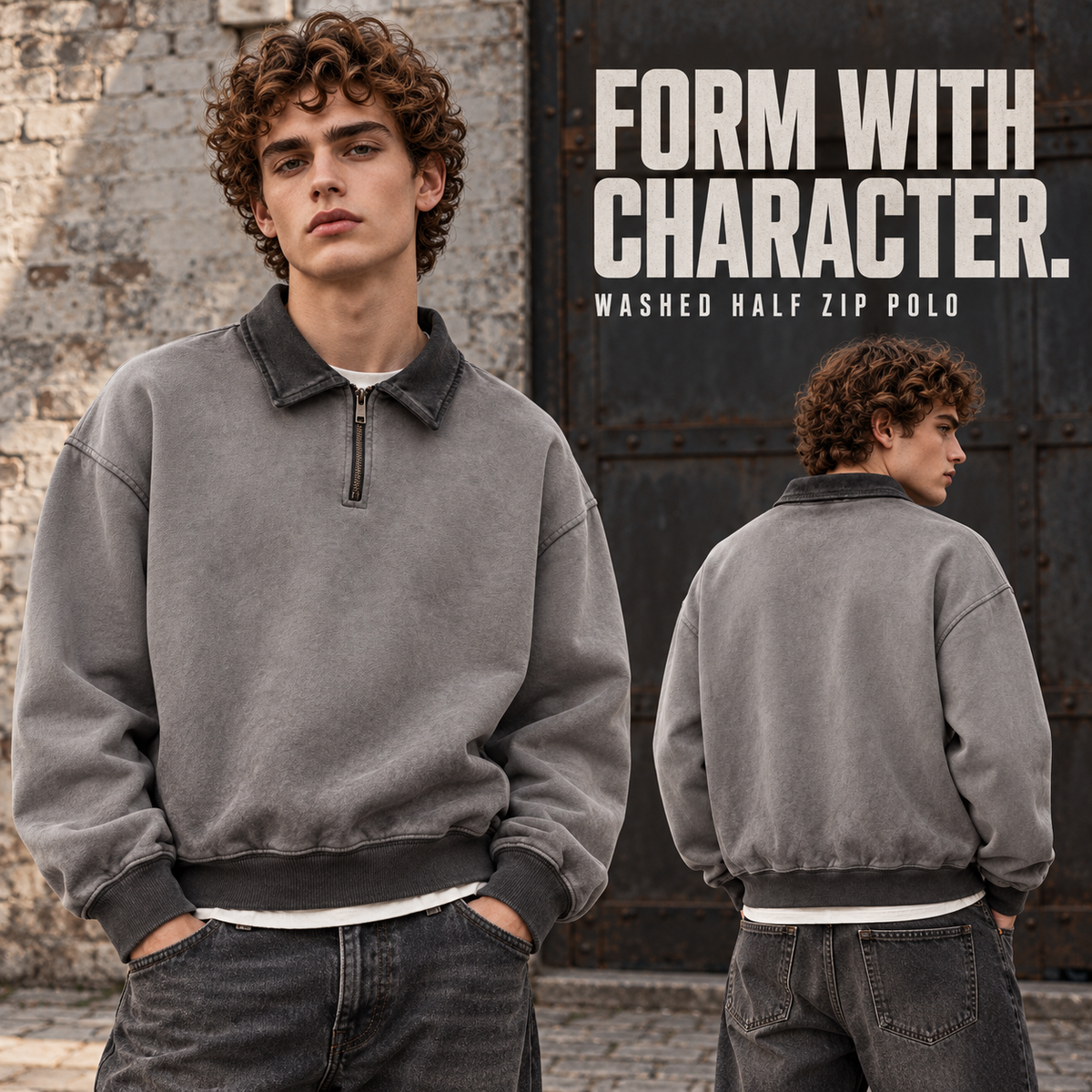 A70262 Dark Grey reverse-washed cotton half-zip polo sweatshirt, rear or three-quarter styling view