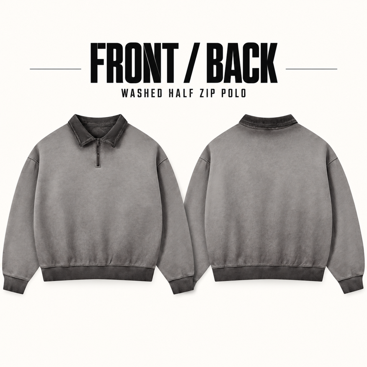 A70262 reverse-washed cotton half-zip polo sweatshirt, front and back garment construction