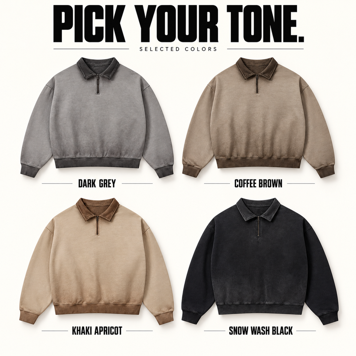 A70262 complete ready-stock color selection board showing Dark Grey, Coffee Brown, Khaki Apricot, Snow Wash Black