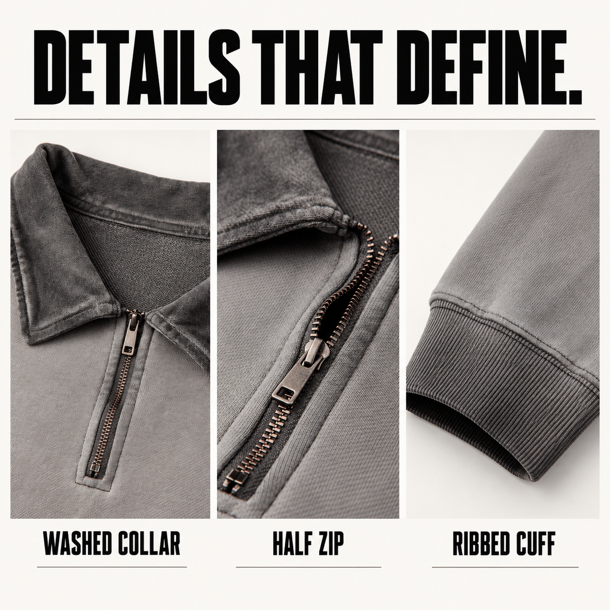 A70262 reverse-washed cotton half-zip polo sweatshirt, close-up construction details