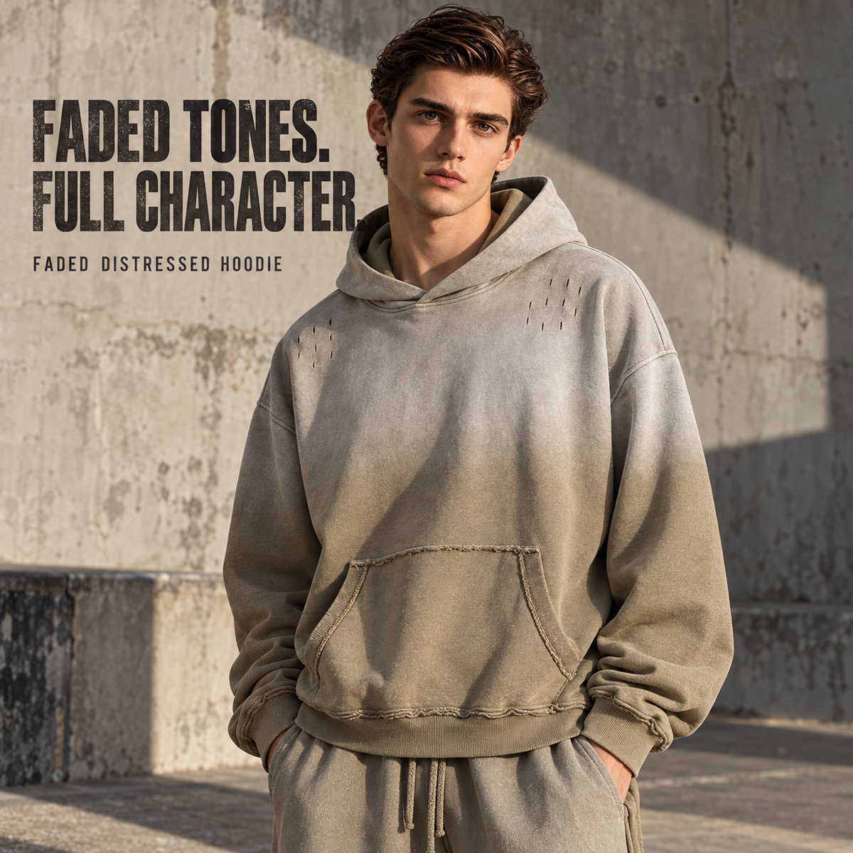 A70352 Vintage Khaki gradient faded distressed cotton hoodie, front styling view