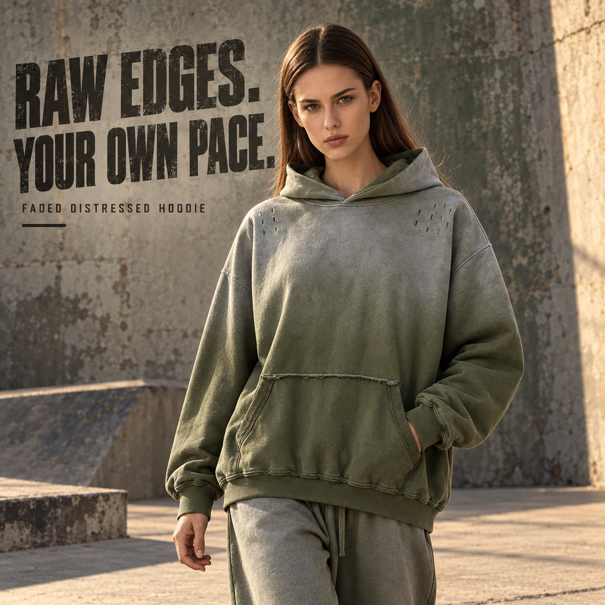 A70352 Vintage Army Green gradient faded distressed cotton hoodie, alternate styling view