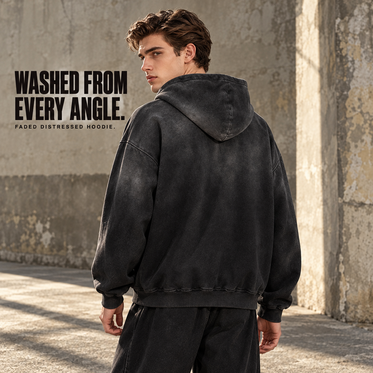 A70352 Vintage Black gradient faded distressed cotton hoodie, rear or three-quarter styling view