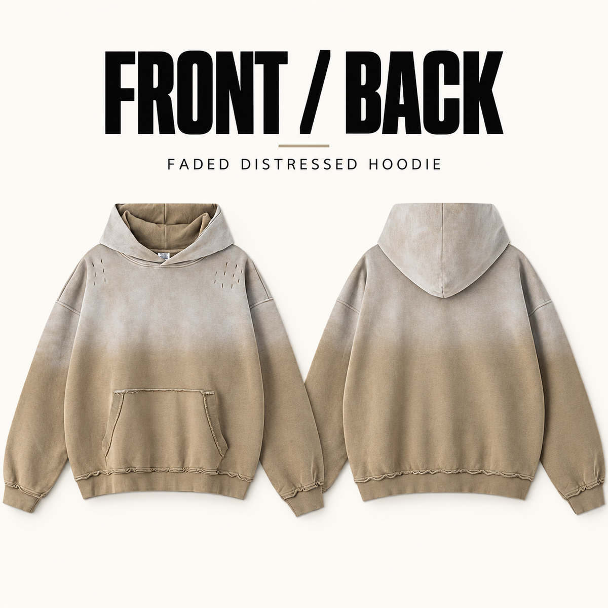 A70352 gradient faded distressed cotton hoodie, front and back garment construction