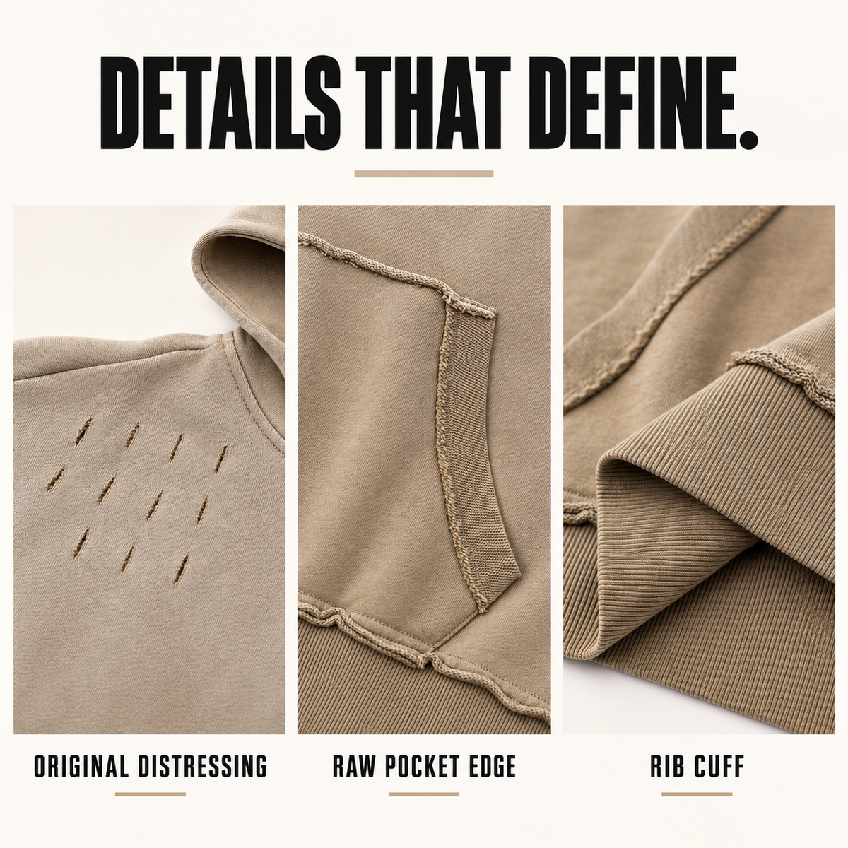 A70352 gradient faded distressed cotton hoodie, close-up construction details