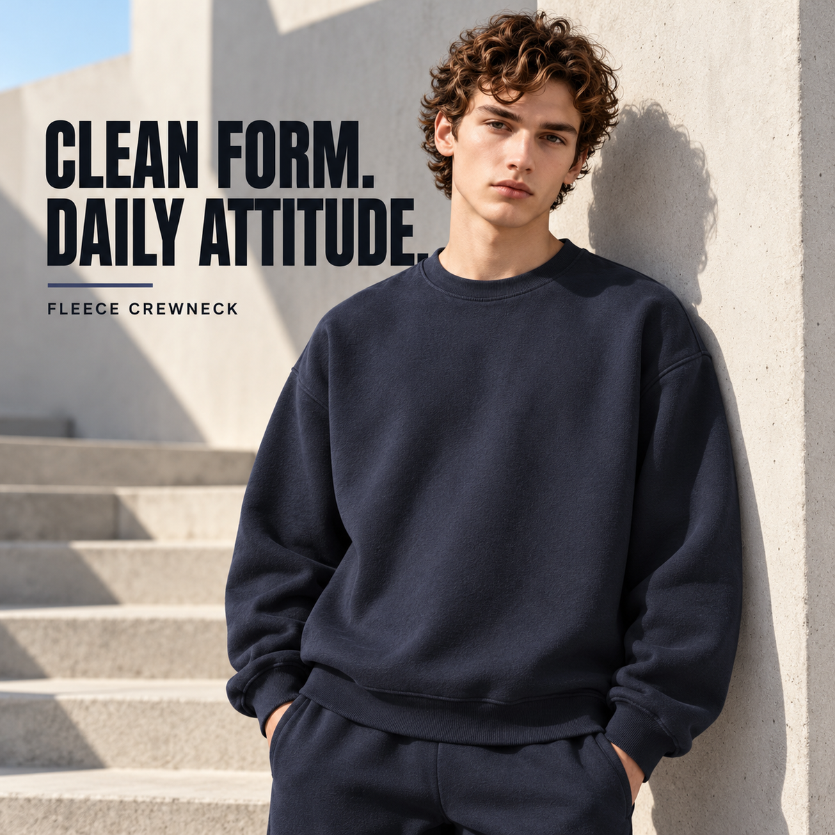 A7042 Midnight Blue relaxed fleece crewneck sweatshirt, front styling view