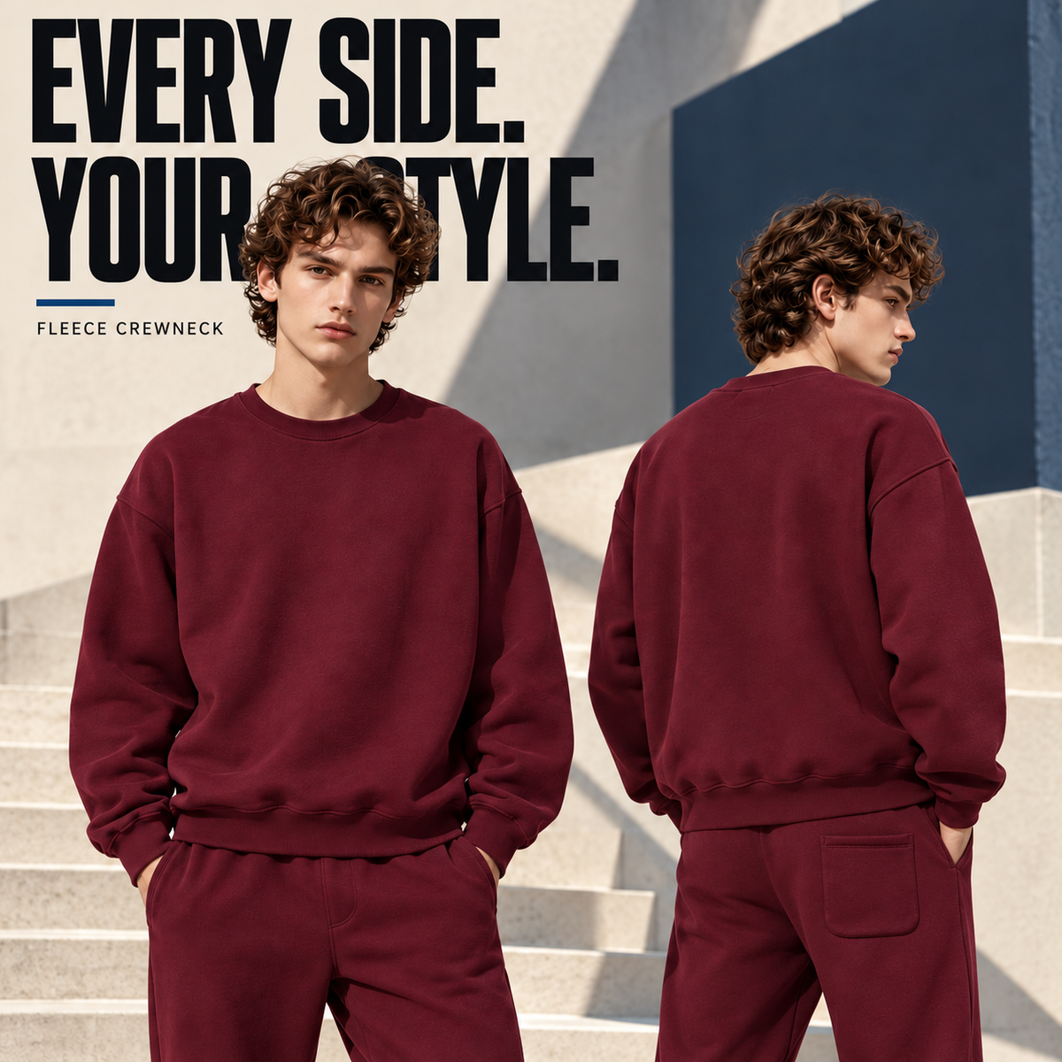 A7042 Burgundy relaxed fleece crewneck sweatshirt, rear or three-quarter styling view