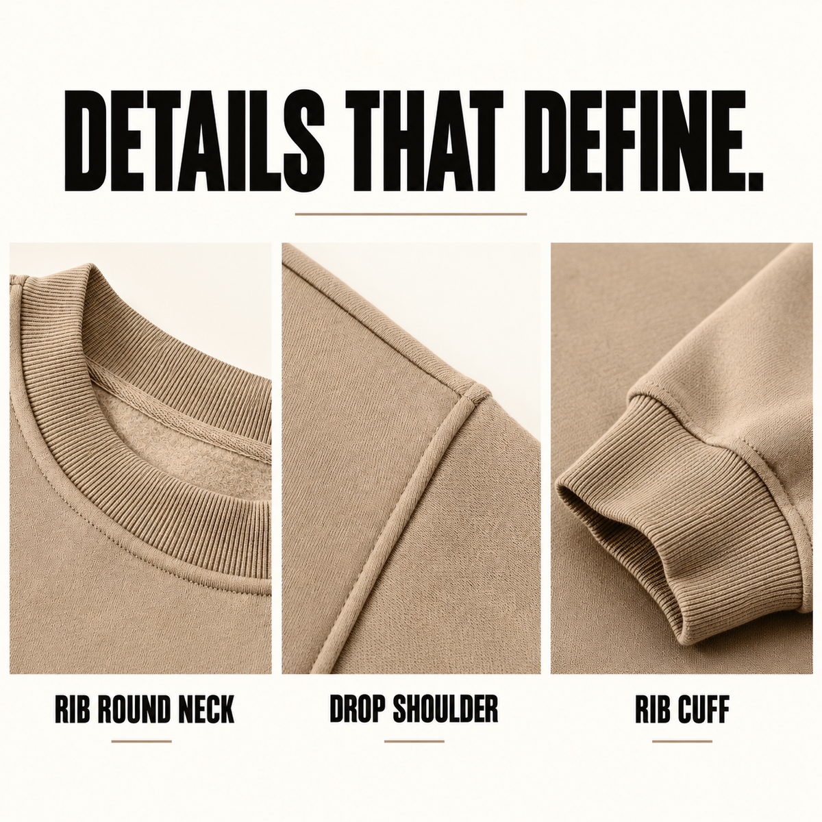 A7042 relaxed fleece crewneck sweatshirt, close-up construction details