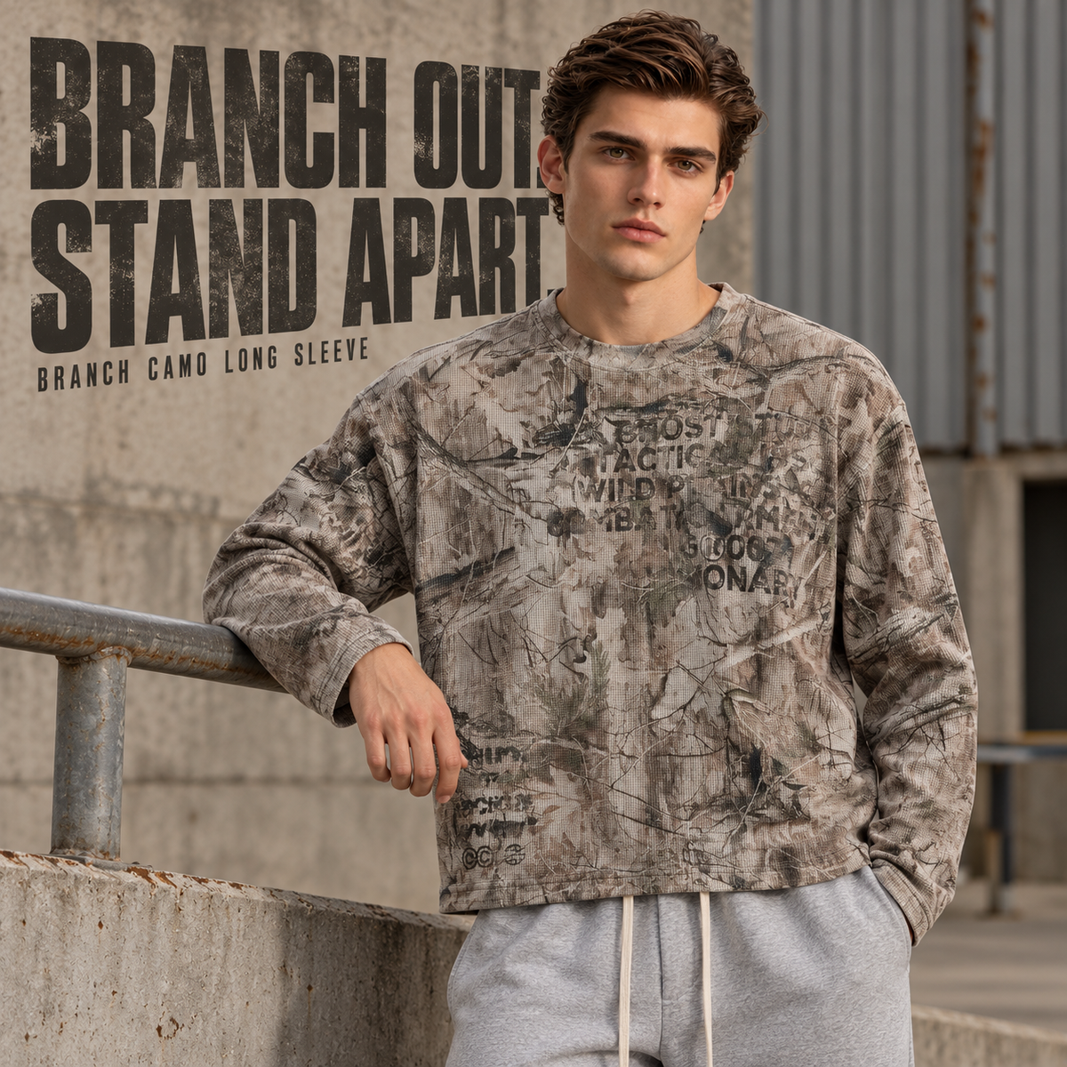 A7068 Branch Camo branch camo printed waffle long sleeve t-shirt, front styling view