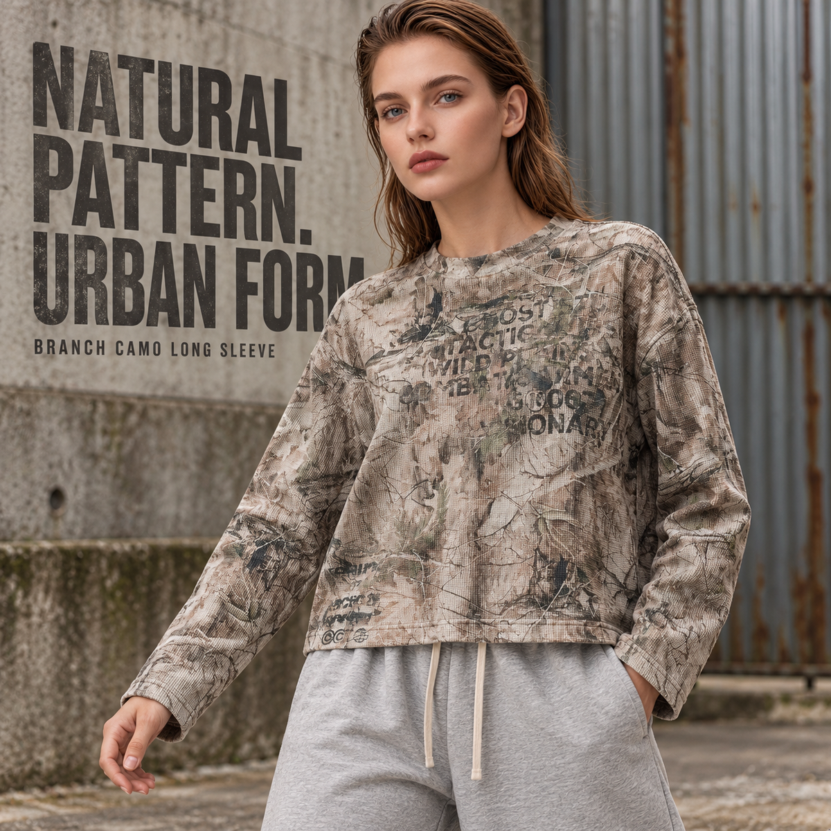 A7068 Branch Camo branch camo printed waffle long sleeve t-shirt, alternate styling view