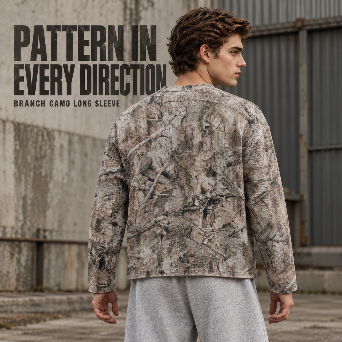 A7068 Branch Camo branch camo printed waffle long sleeve t-shirt, rear or three-quarter styling view