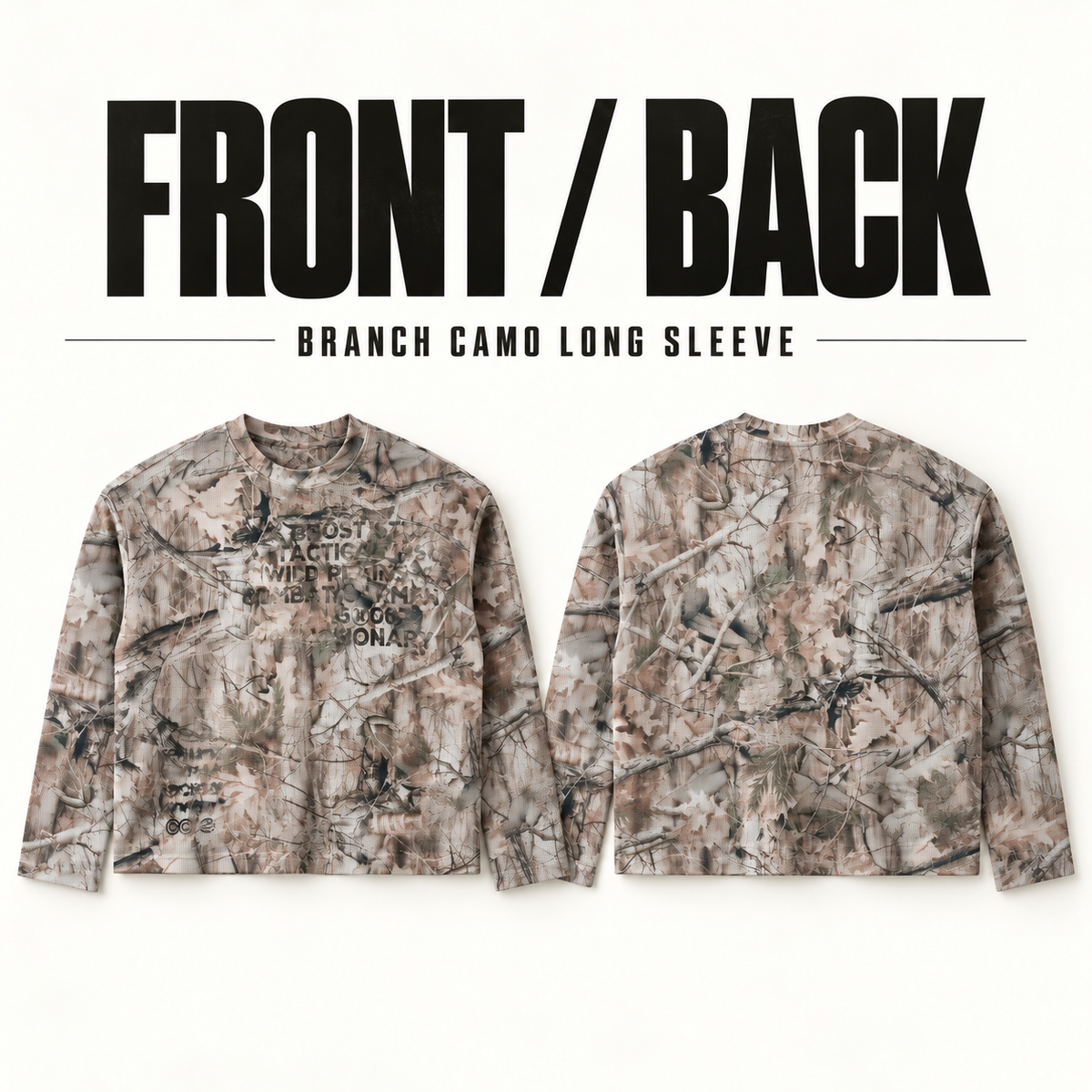 A7068 branch camo printed waffle long sleeve t-shirt, front and back garment construction