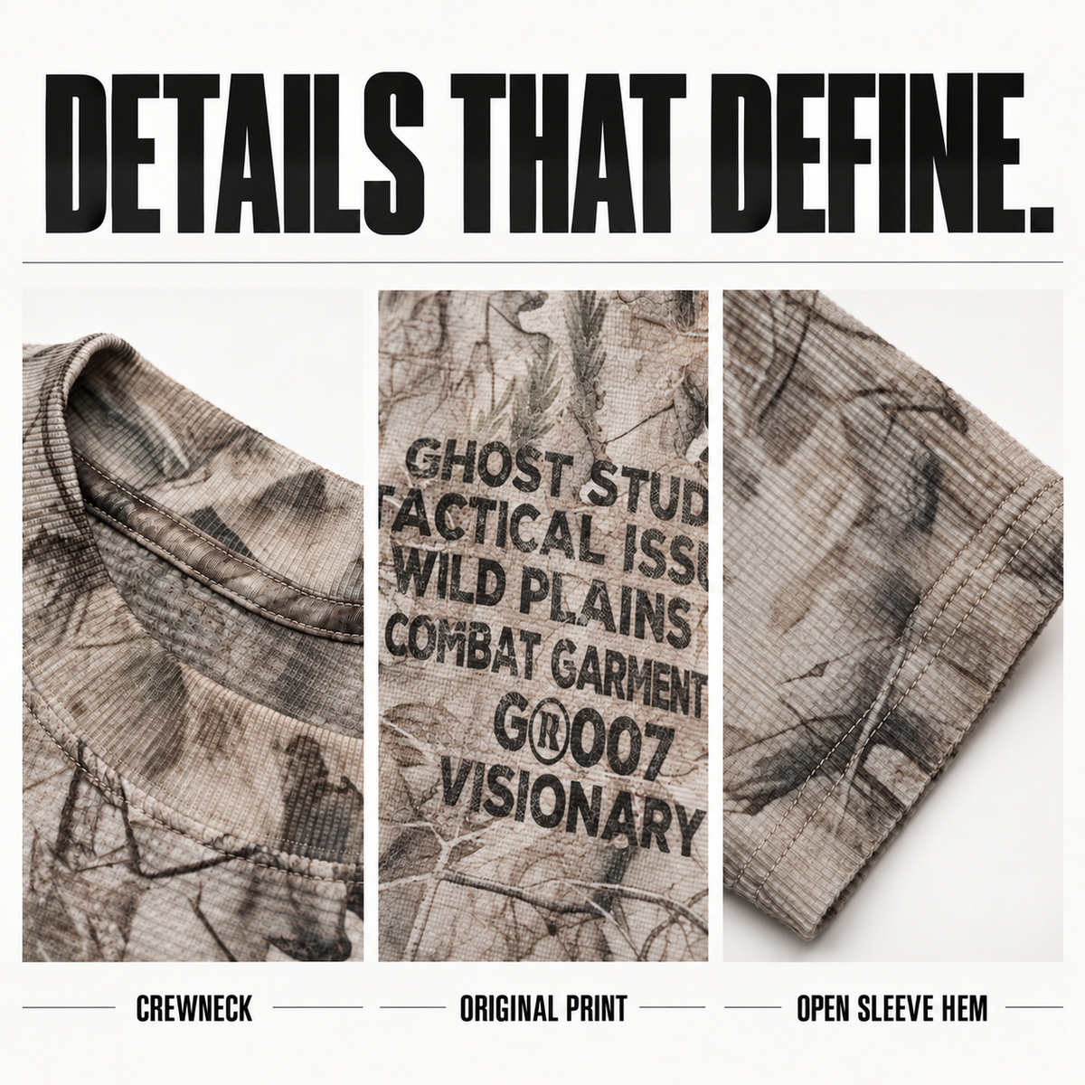 A7068 branch camo printed waffle long sleeve t-shirt, close-up construction details