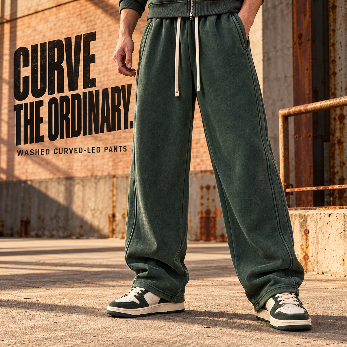 A70852 Vintage Green vintage washed curved-leg sweatpants, front styling view