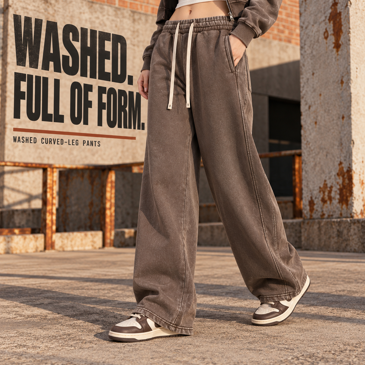 A70852 Vintage Brown vintage washed curved-leg sweatpants, alternate styling view