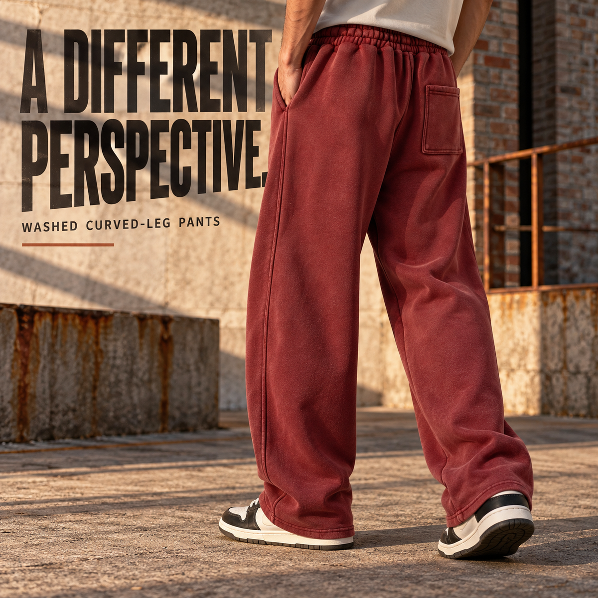 A70852 Vintage Red vintage washed curved-leg sweatpants, rear or three-quarter styling view