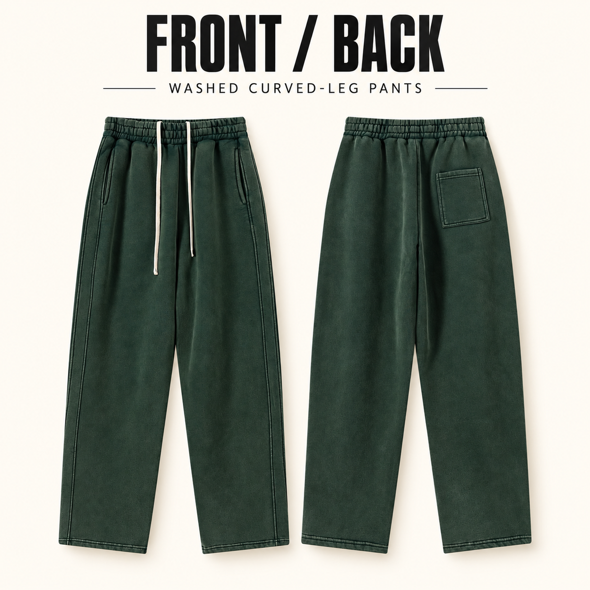 A70852 vintage washed curved-leg sweatpants, front and back garment construction