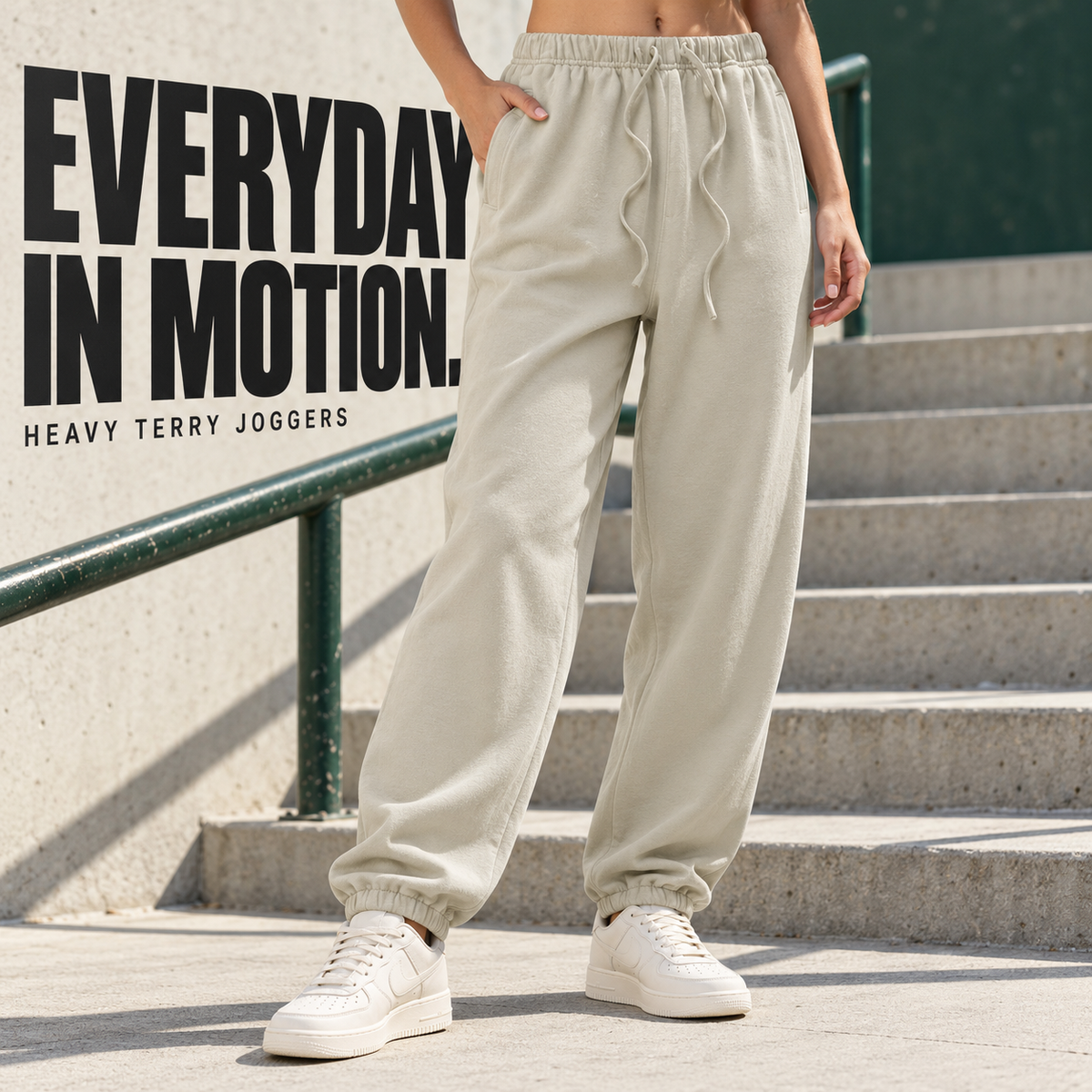 A7113 Sand heavy terry elastic-cuff joggers, alternate styling view