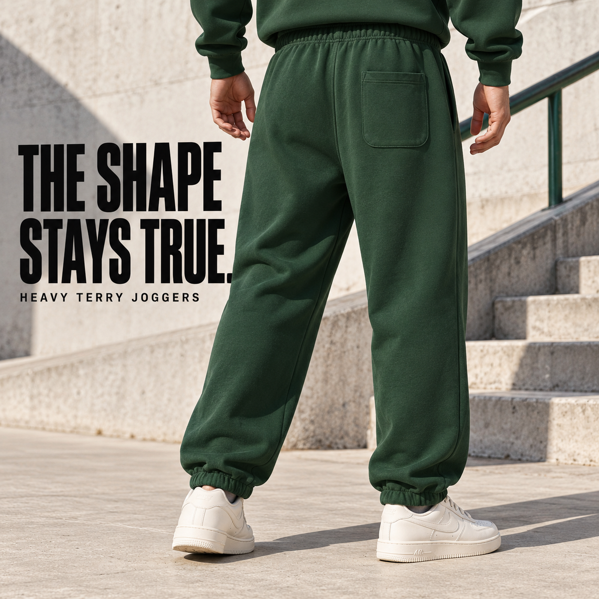 A7113 Forest Green heavy terry elastic-cuff joggers, rear or three-quarter styling view