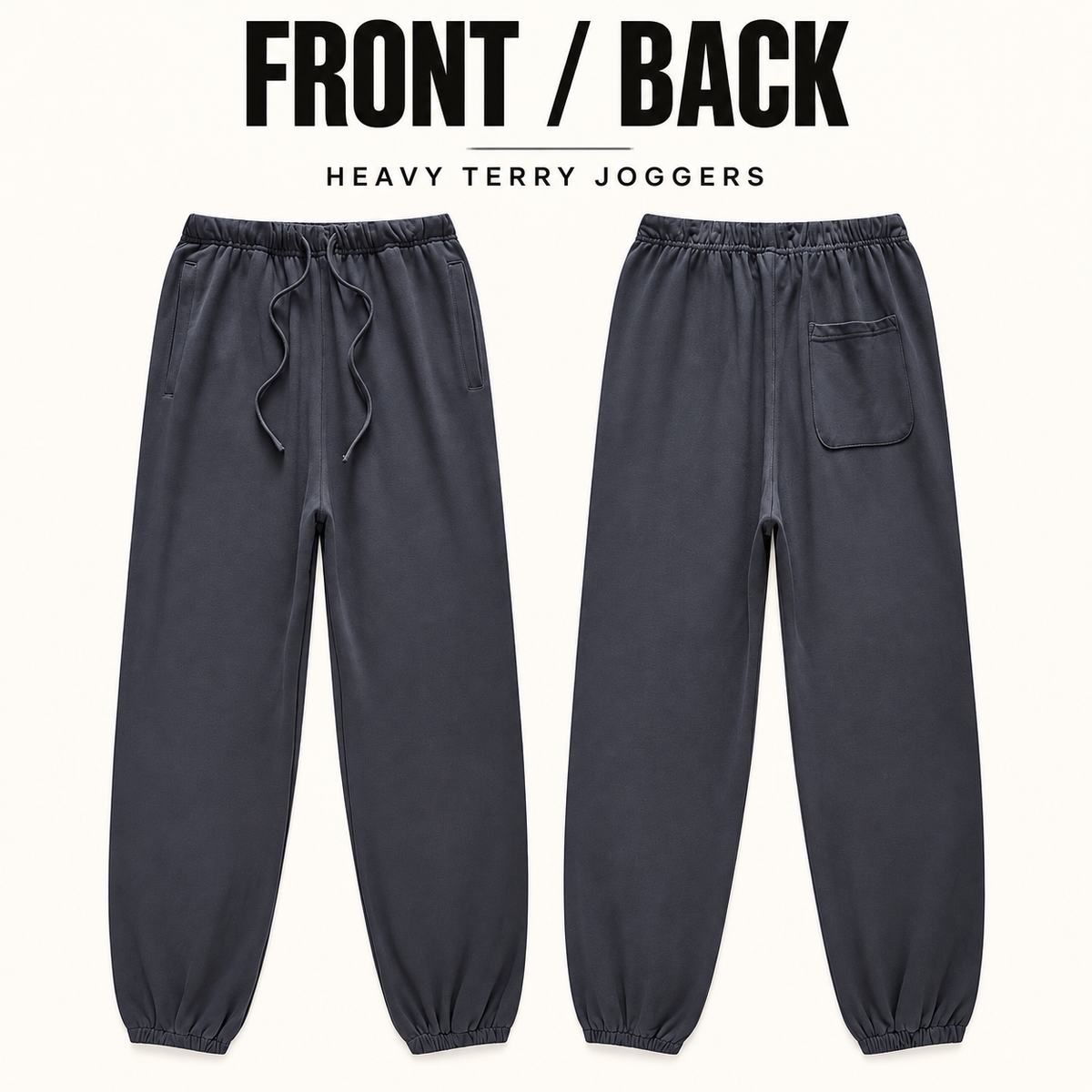 A7113 heavy terry elastic-cuff joggers, front and back garment construction
