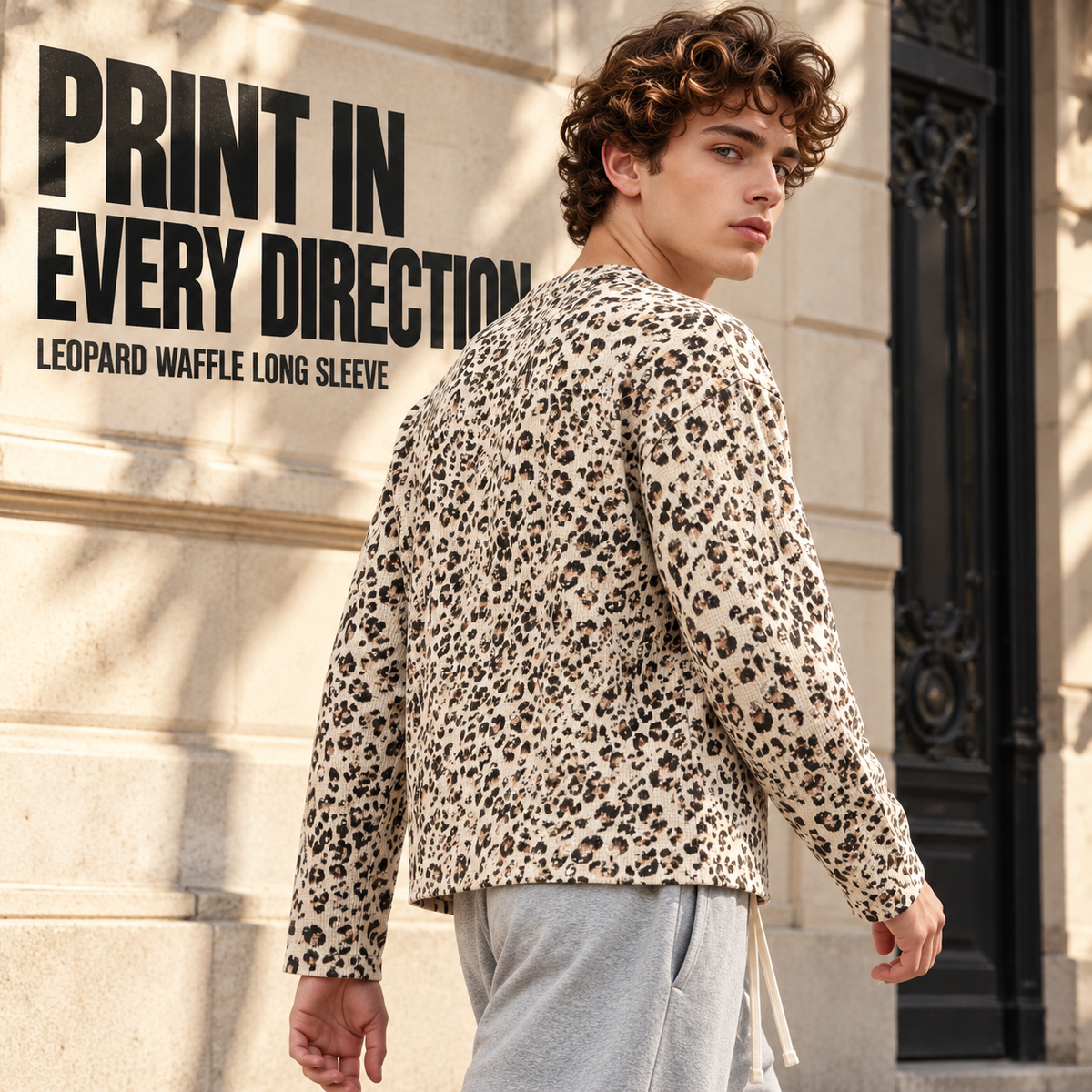 A71362 Leopard Apricot leopard print waffle long sleeve t-shirt, rear or three-quarter styling view