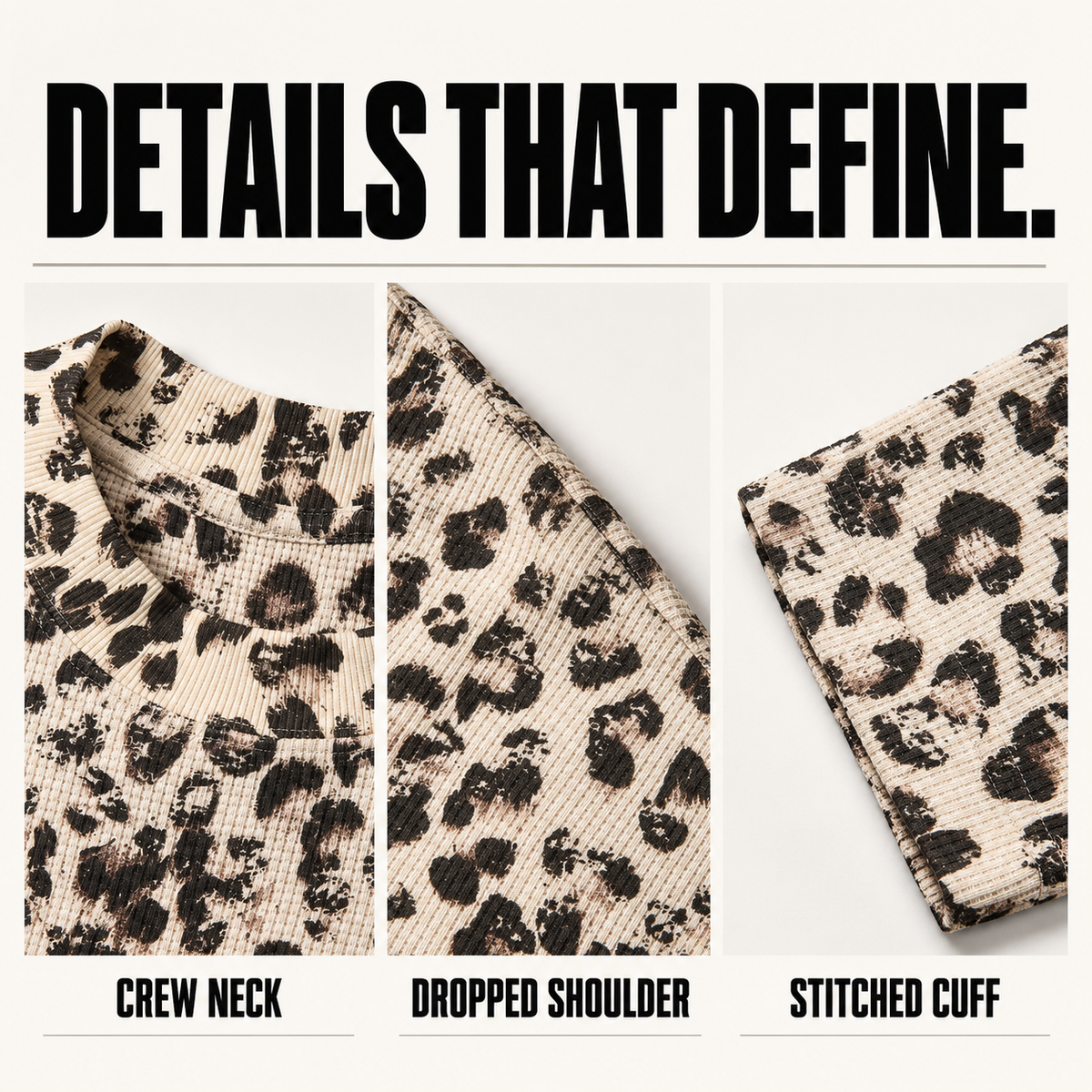 A71362 leopard print waffle long sleeve t-shirt, close-up construction details