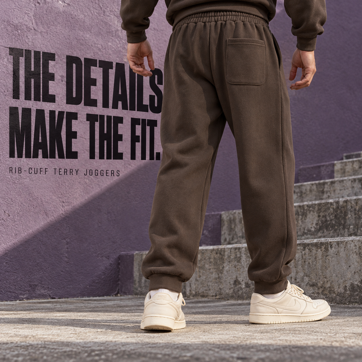 A72142 Brown heavy terry rib-cuff joggers, rear or three-quarter styling view