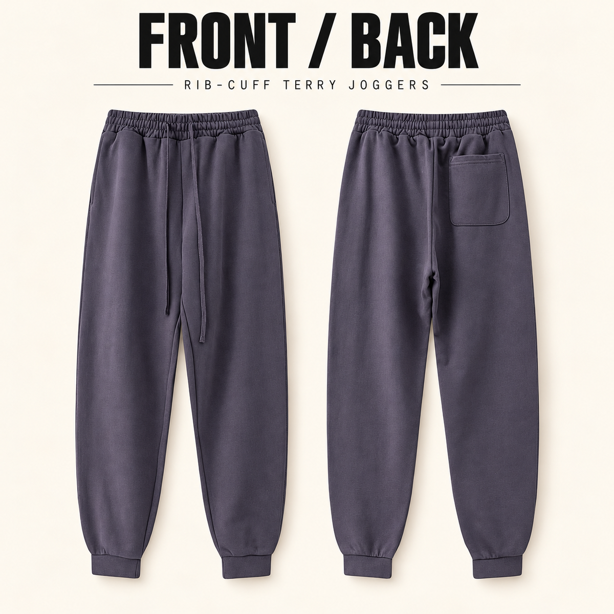A72142 heavy terry rib-cuff joggers, front and back garment construction