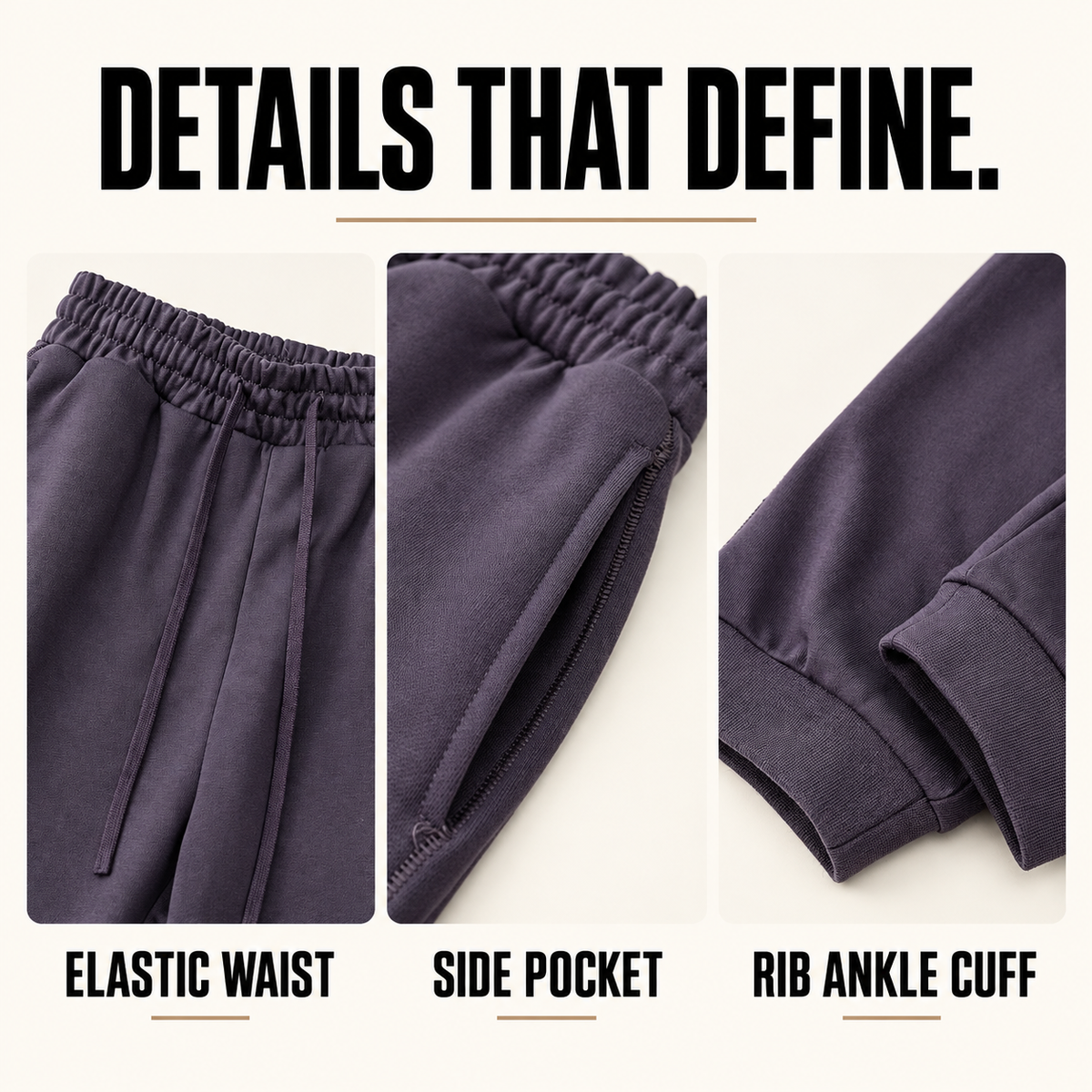 A72142 heavy terry rib-cuff joggers, close-up construction details