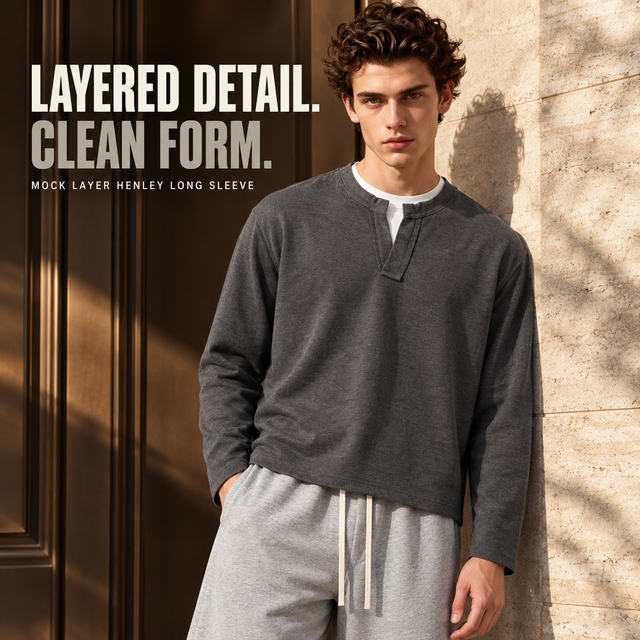 A72362 Dark Grey layered-neck heather henley long sleeve t-shirt, front styling view