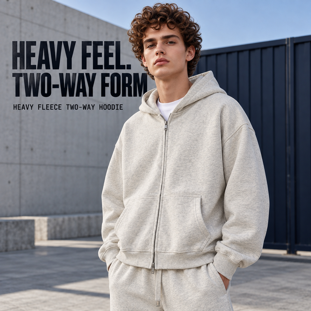 A72552 Oat Grey heavy fleece two-way zip hoodie, front styling view