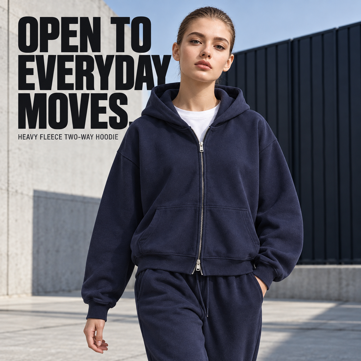 A72552 Midnight Blue heavy fleece two-way zip hoodie, alternate styling view