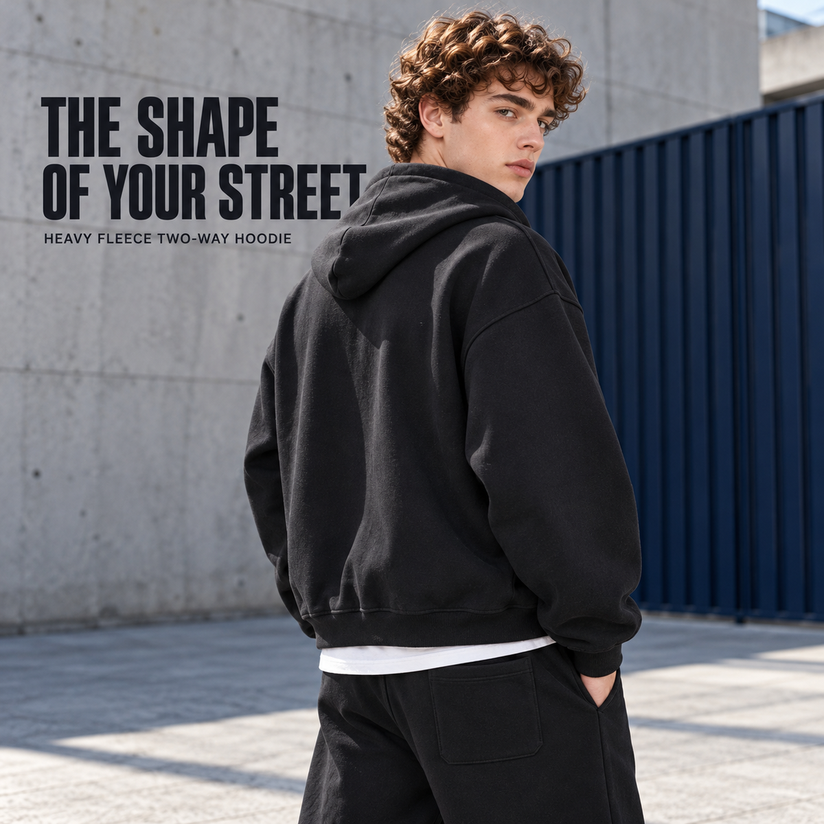 A72552 Black heavy fleece two-way zip hoodie, rear or three-quarter styling view