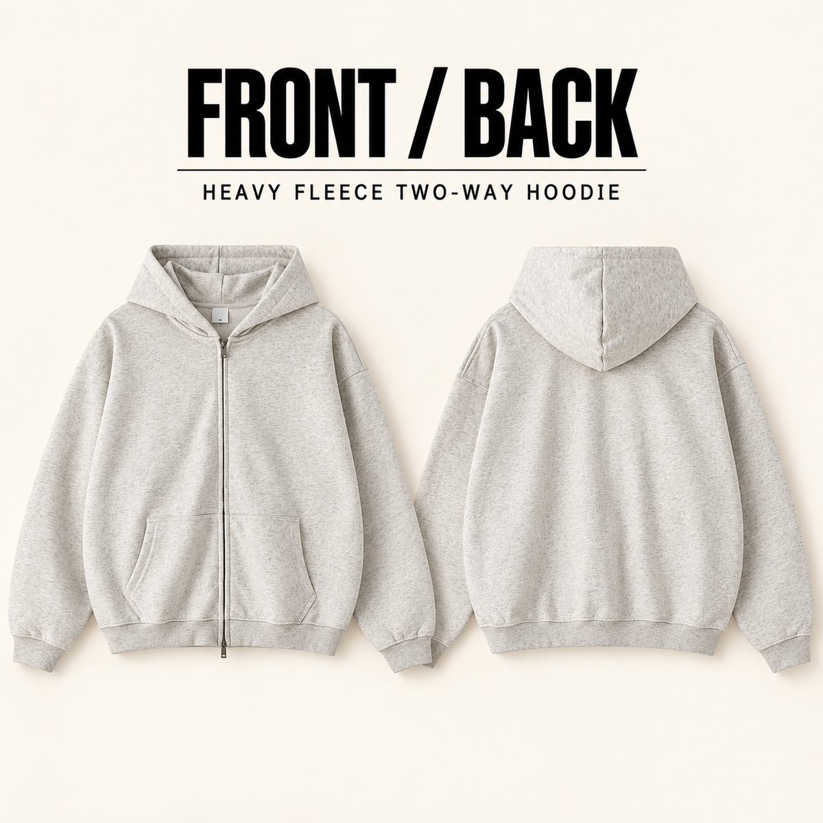 A72552 heavy fleece two-way zip hoodie, front and back garment construction