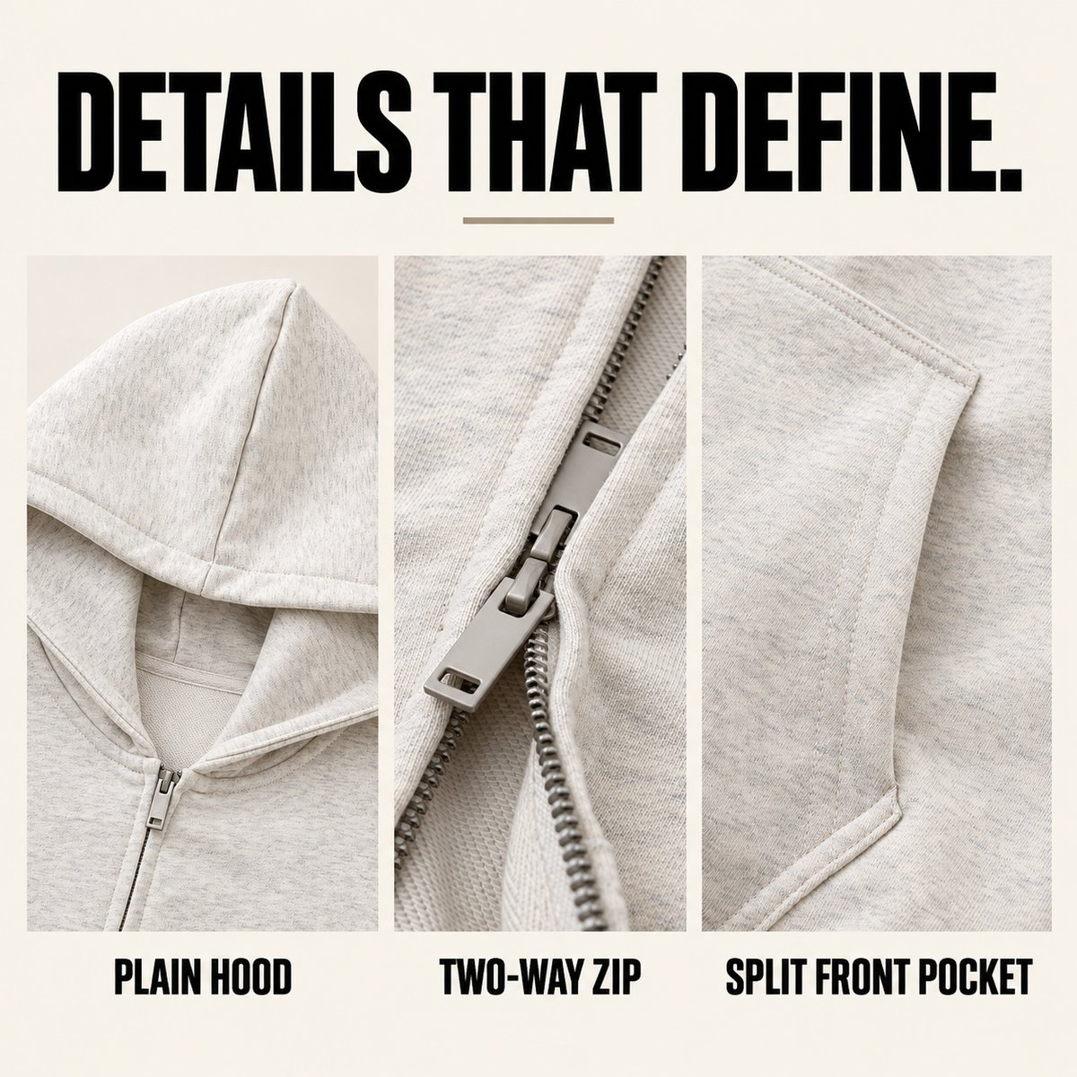 A72552 heavy fleece two-way zip hoodie, close-up construction details