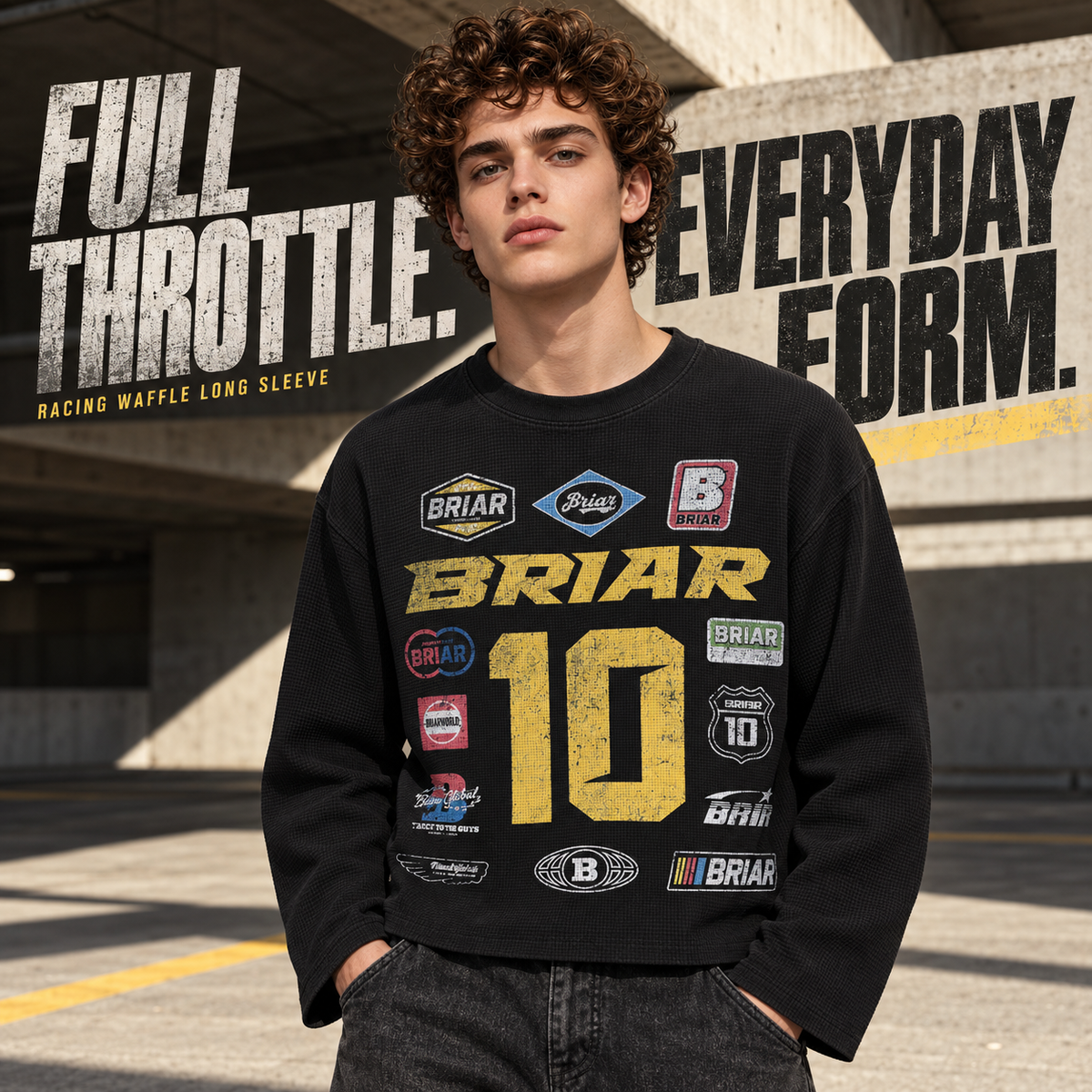 A7268 Black racing graphic waffle long sleeve t-shirt, front styling view