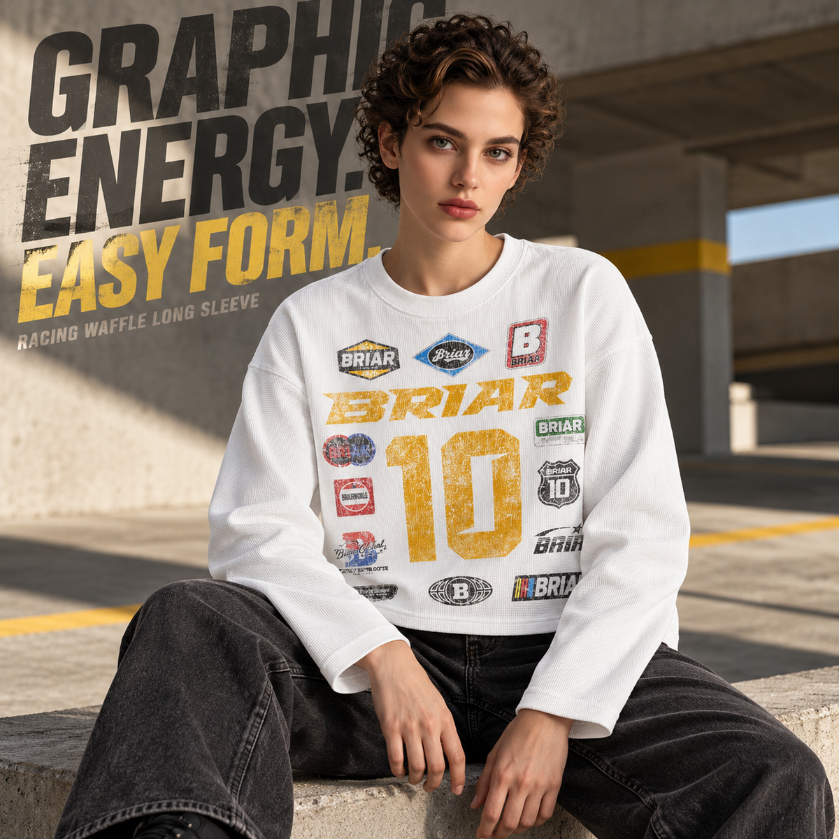 A7268 White racing graphic waffle long sleeve t-shirt, alternate styling view