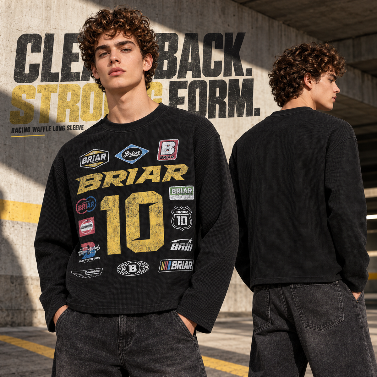 A7268 Black racing graphic waffle long sleeve t-shirt, rear or three-quarter styling view