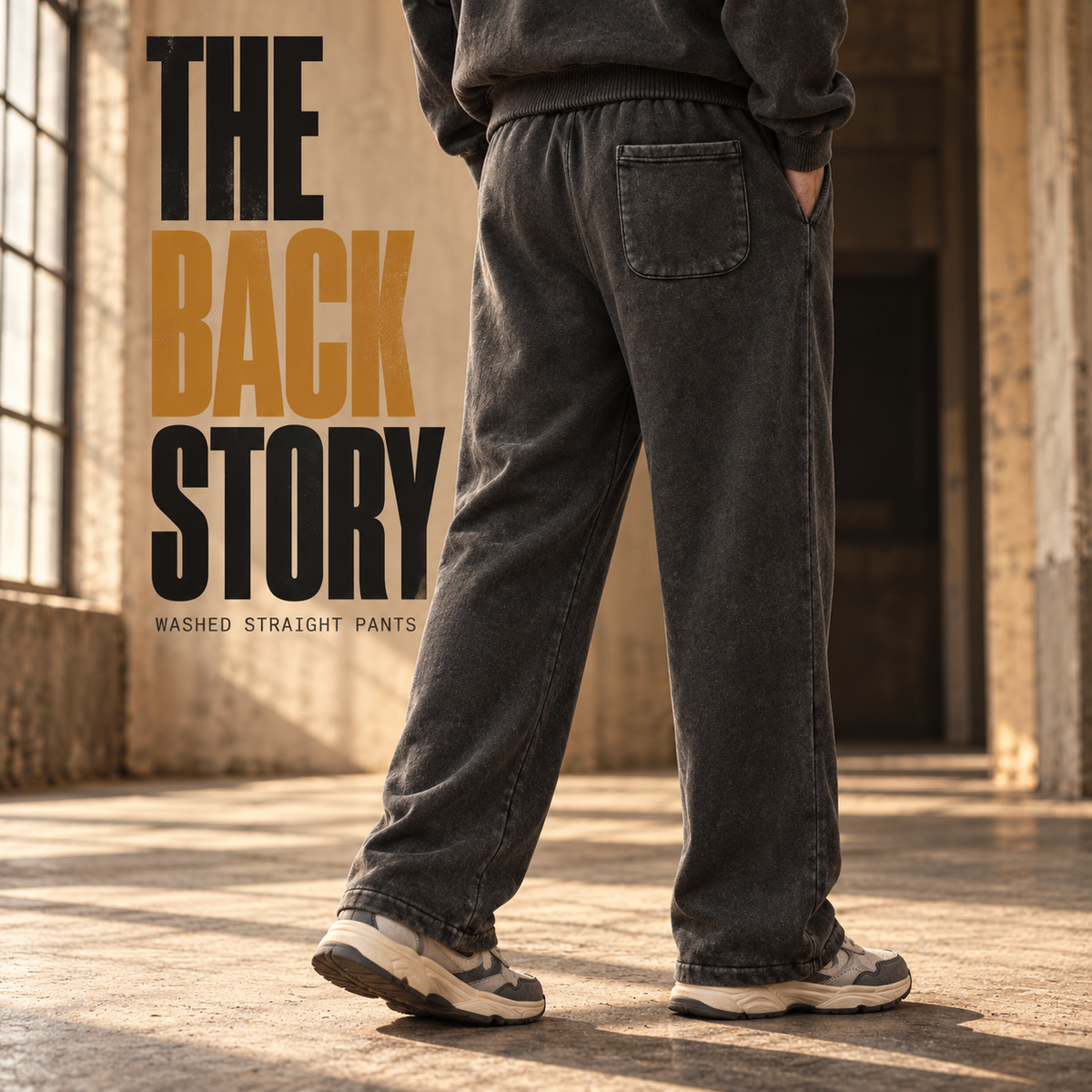 A7342 Washed Black vintage washed straight-leg sweatpants, rear or three-quarter styling view