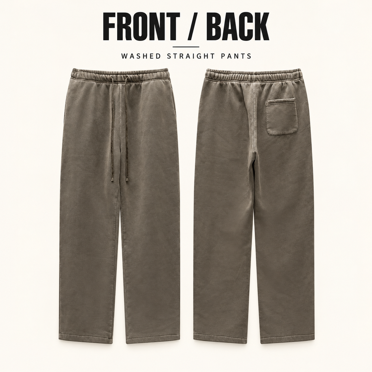 A7342 vintage washed straight-leg sweatpants, front and back garment construction