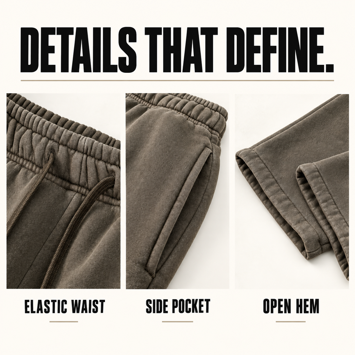 A7342 vintage washed straight-leg sweatpants, close-up construction details
