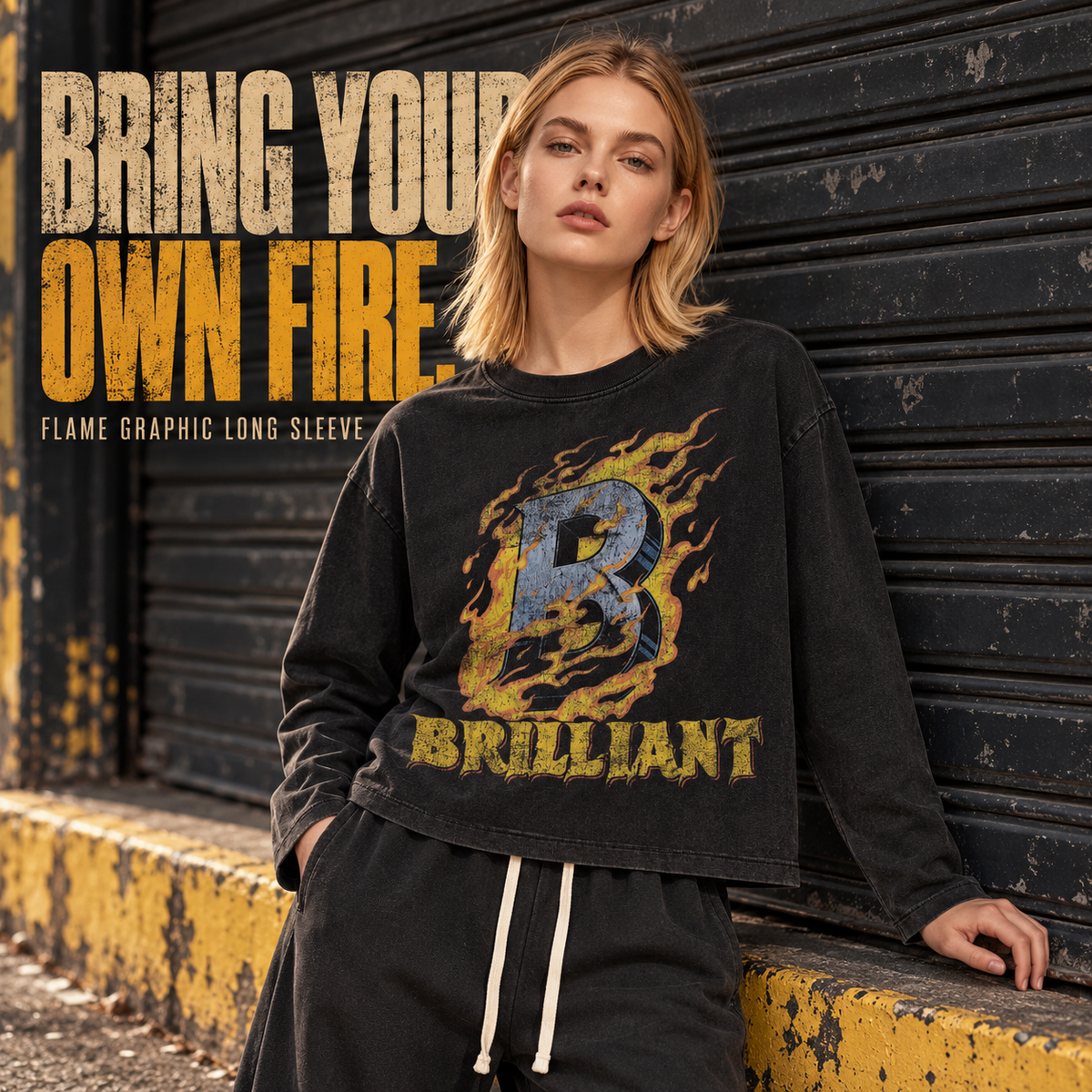 A7468 Snow Wash Black flame letter washed cotton long sleeve t-shirt, alternate styling view